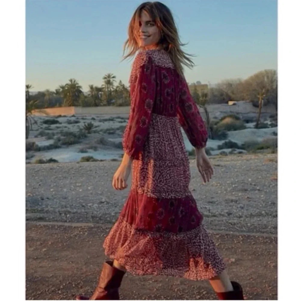 Ba&sh Gypsy boho mixed print midi dress In rose